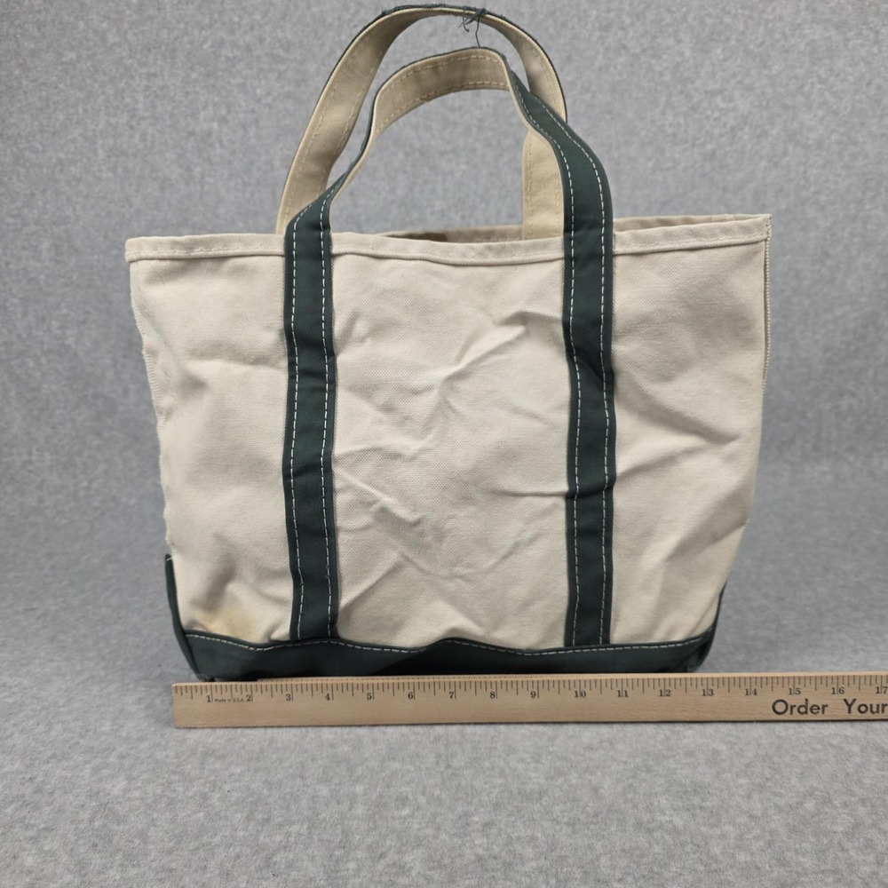 Vintage L.L. Bean Boat And Tote Bag Medium Beige Green Canvas Made In USA 80s - Picture 2 of 8